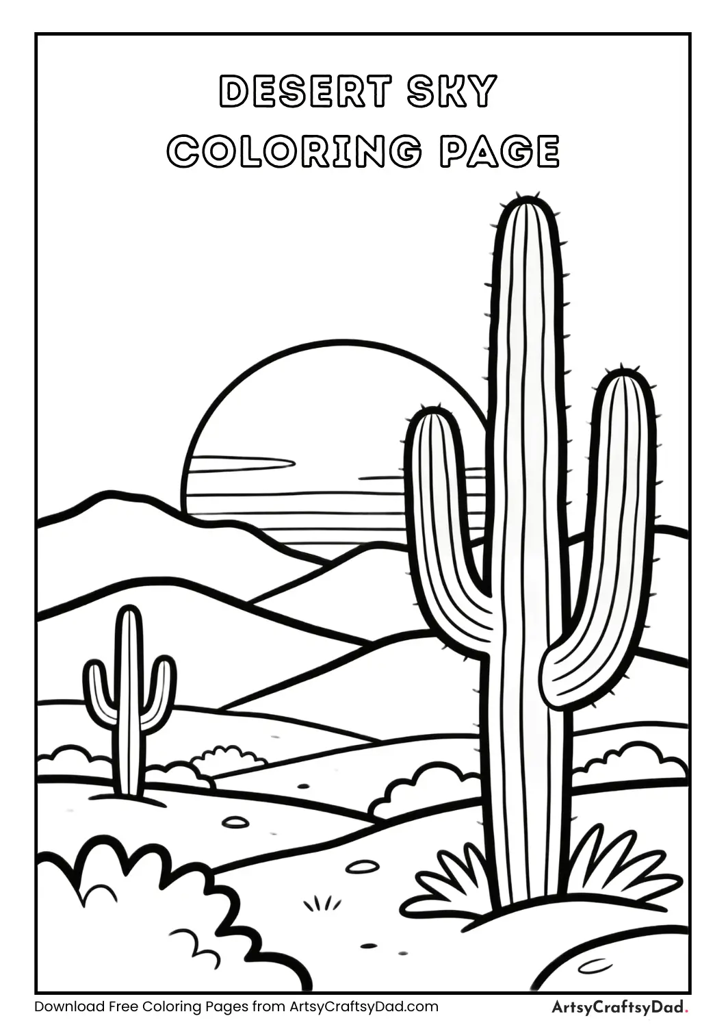 Desert sunrise or sunset with cactus coloring page