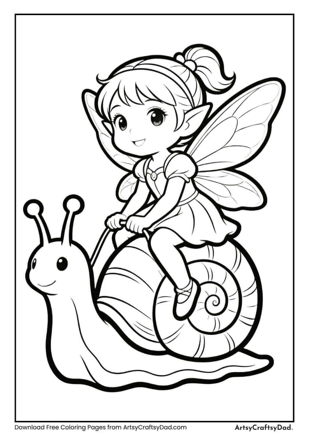 Fairy riding on a snail in the garden