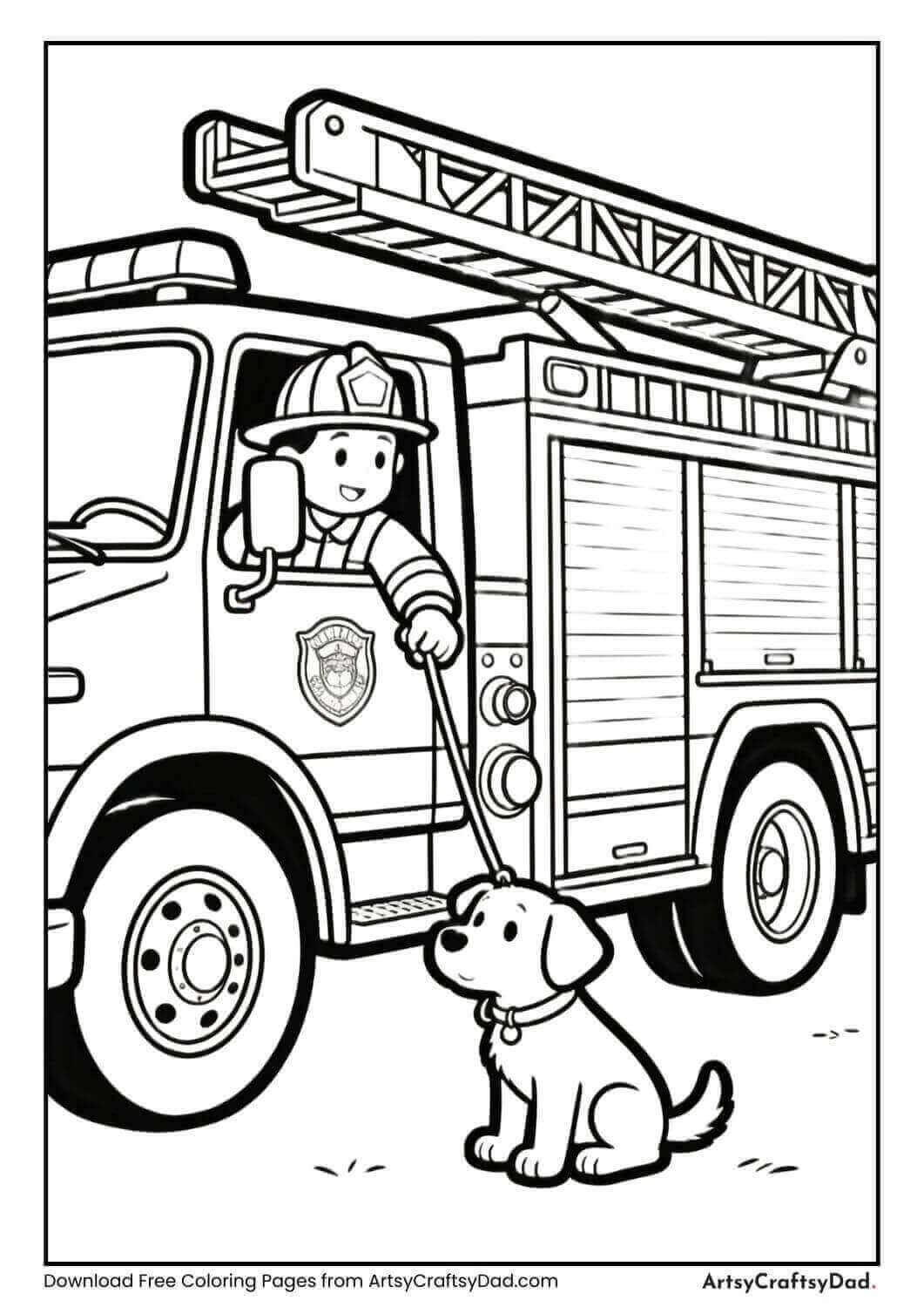 Fire truck rescuing dog coloring page