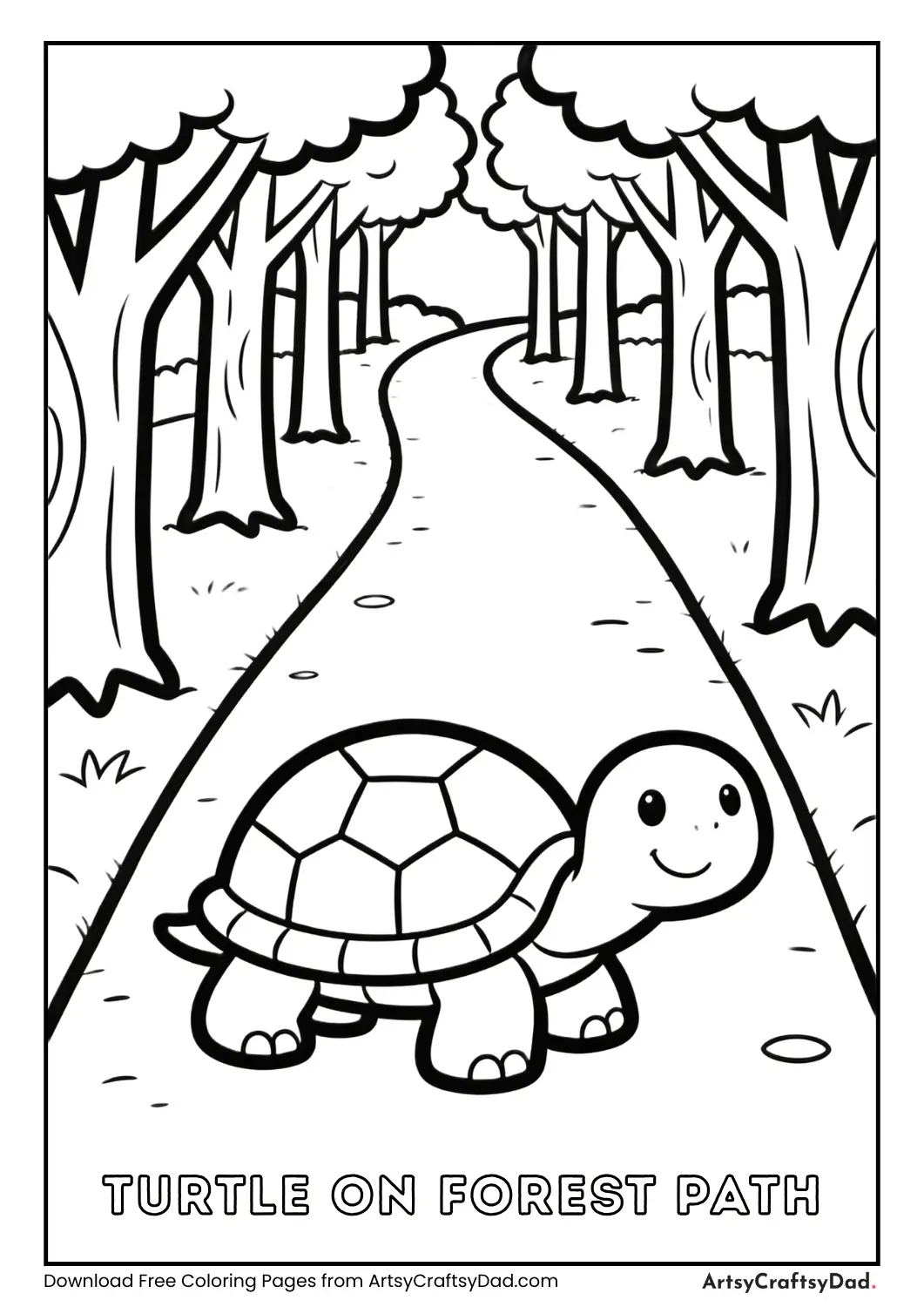 Black and white coloring page of a turtle in the forest