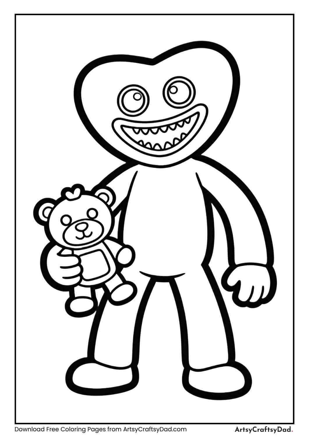 Huggy Wuggy holding a toy black and white coloring page