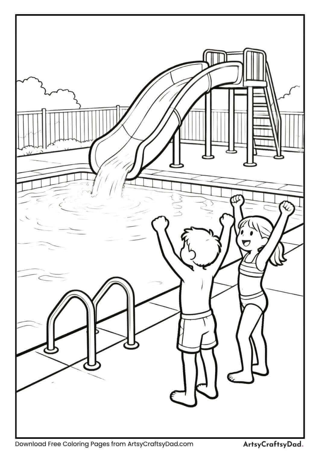 Swimming pool with water slide and cheering kids