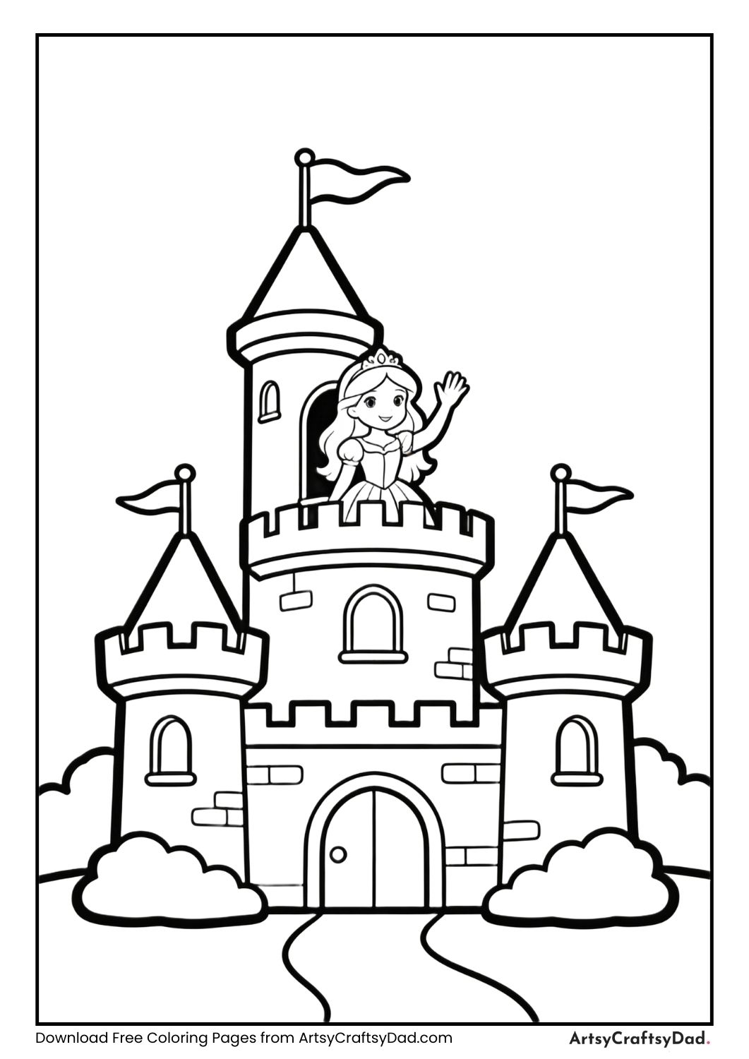 Princess waving from castle tower coloring page