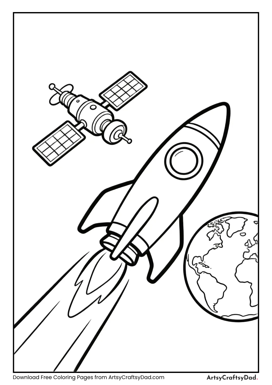 Rocket flying toward orbiting space station coloring page