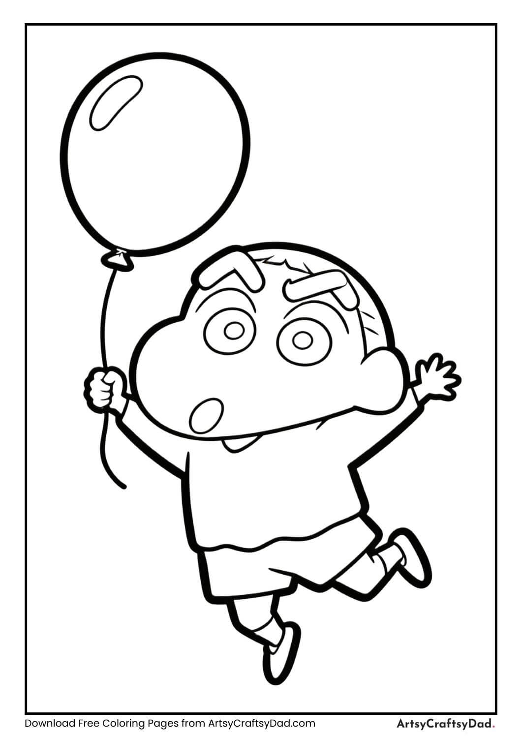 Shinchan jumping with a balloon in hand
