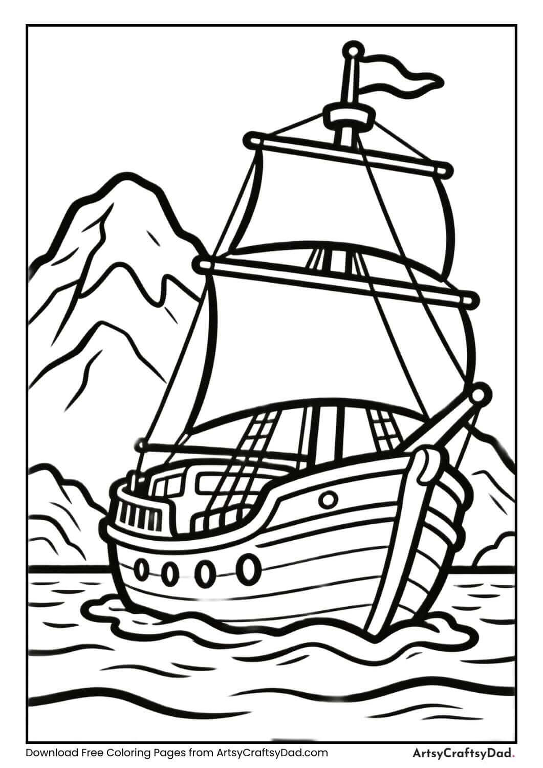 Ship near mountains black and white coloring page