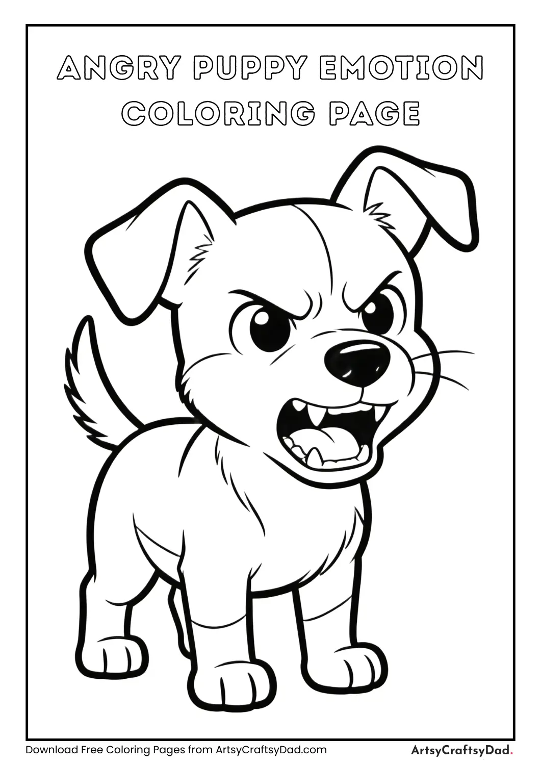 Black and white coloring page of a puppy showing anger
