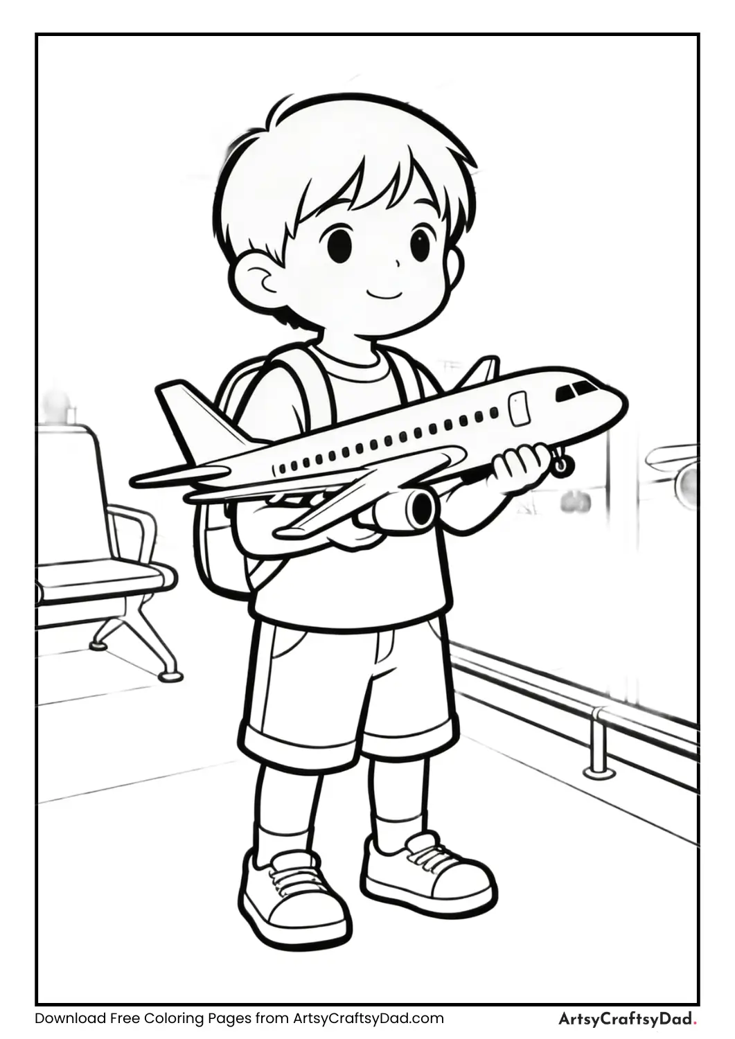 Child holding toy airplane at airport coloring page