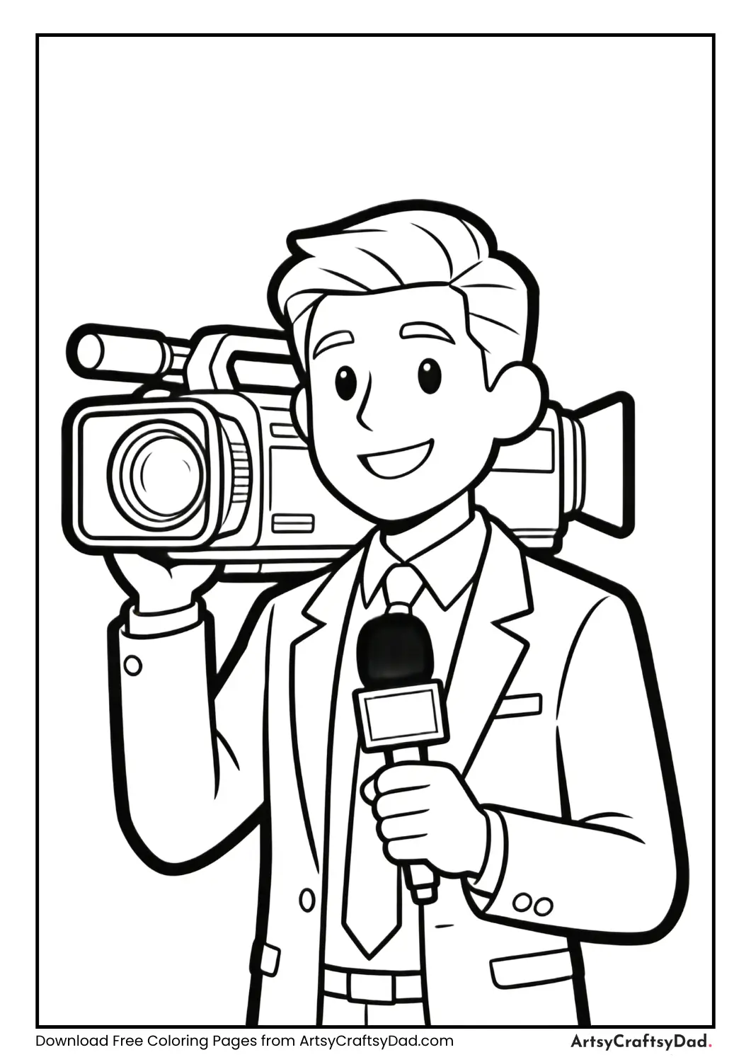 News reporter community helper black and white coloring page for kids