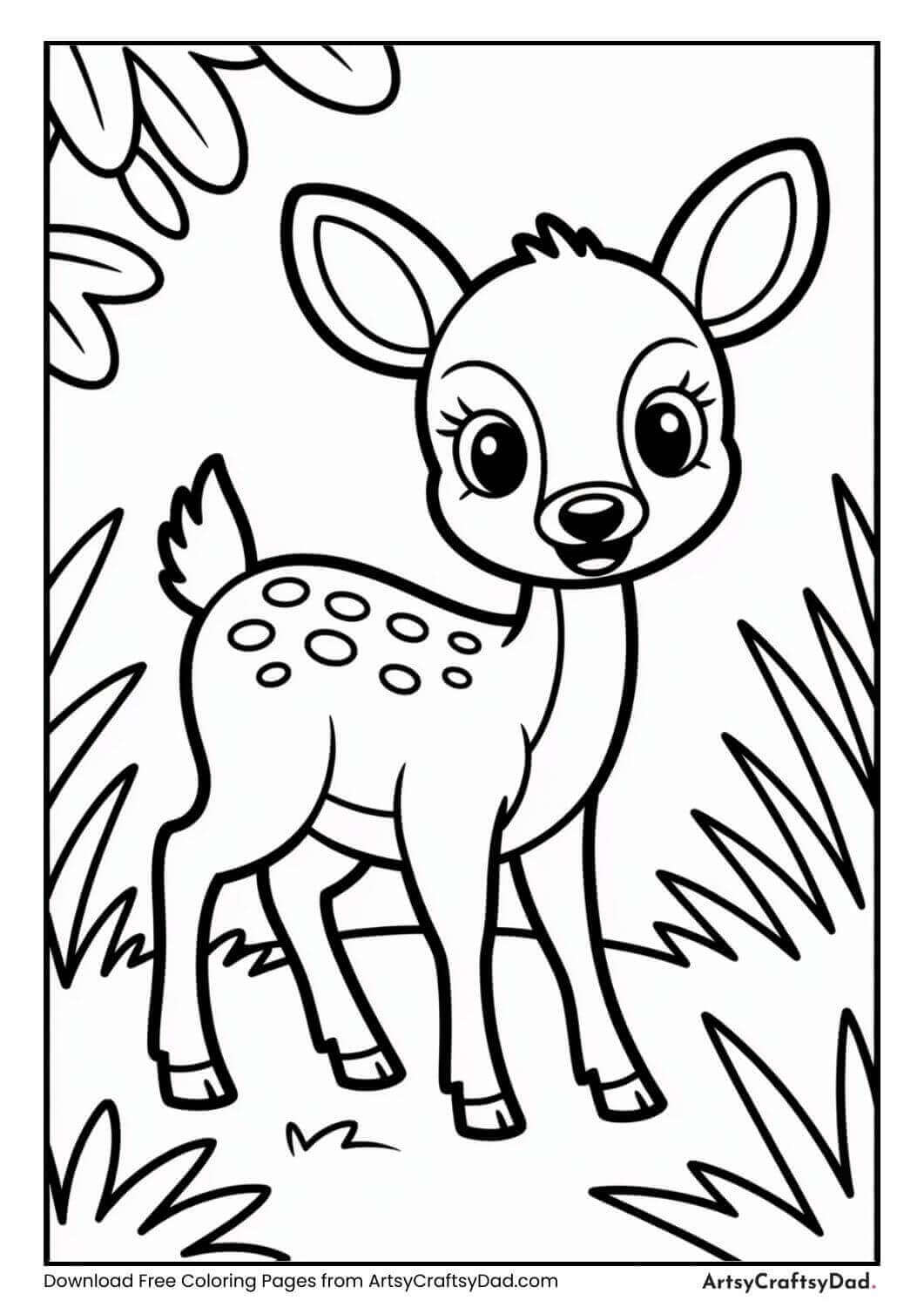Small deer grazing in jungle grass black and white coloring page.
