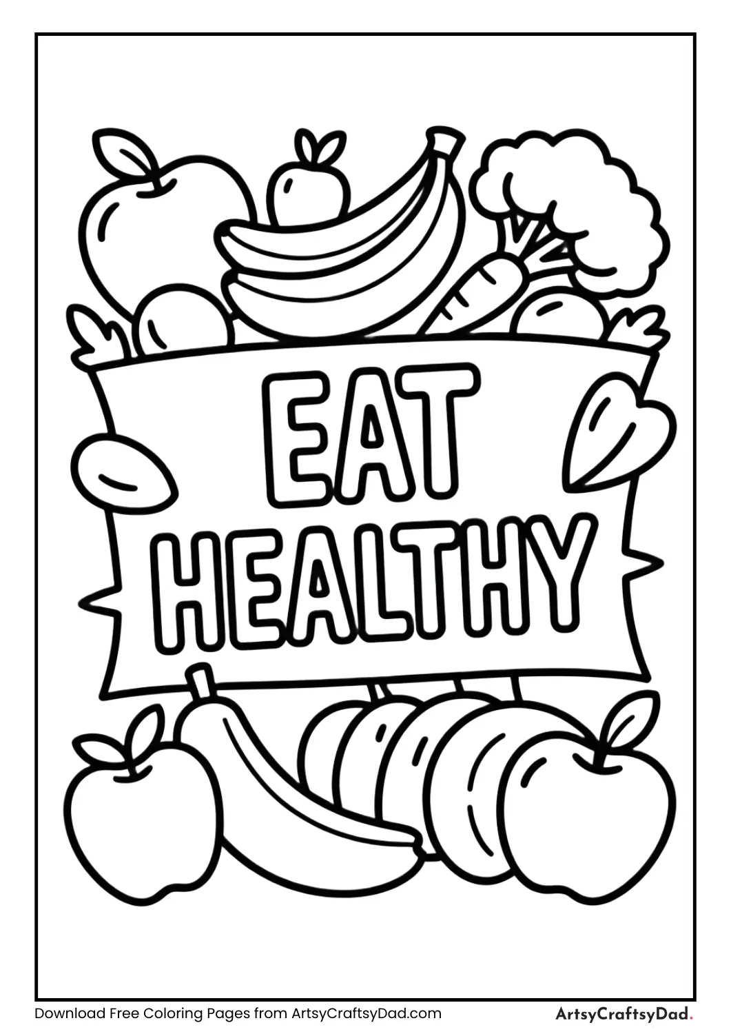 “Eat Healthy” banner surrounded by fruits and vegetables