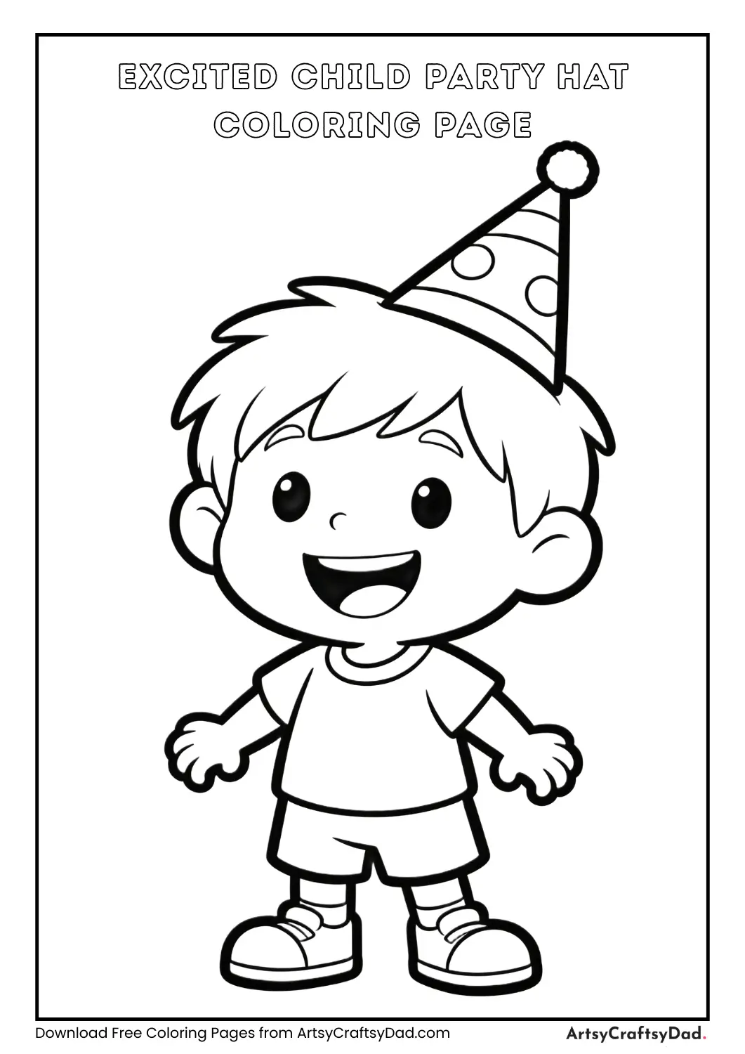 Excited child wearing party hat coloring page