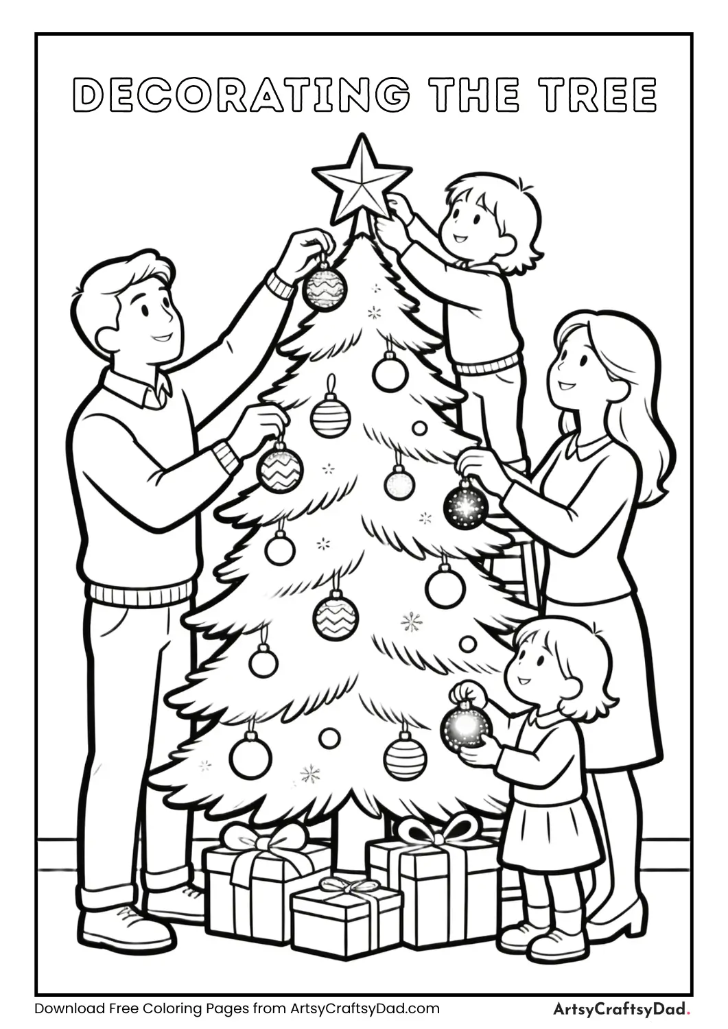 Black and white coloring page of family decorating tree