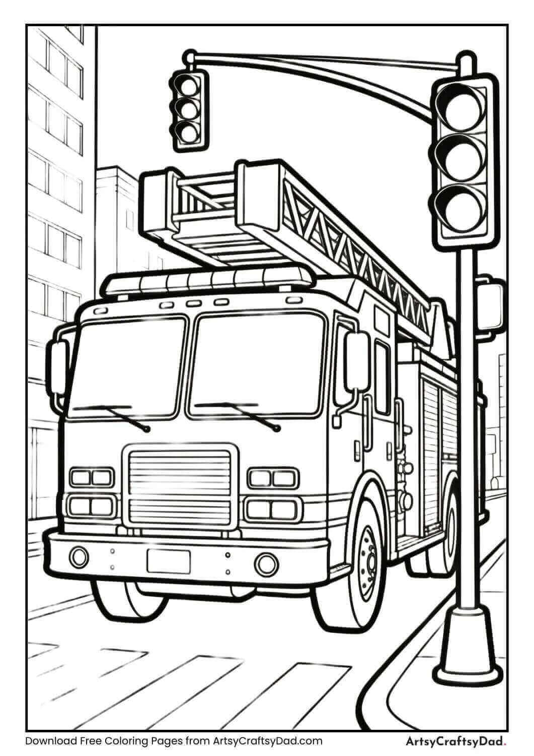 Fire truck on city street coloring page