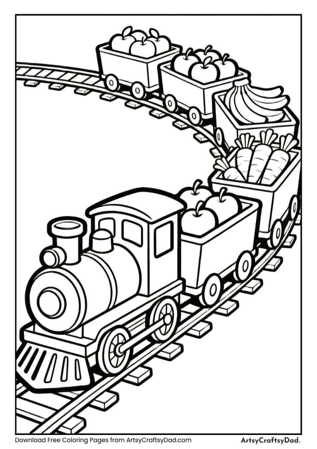 Train carrying fruits and vegetables coloring page