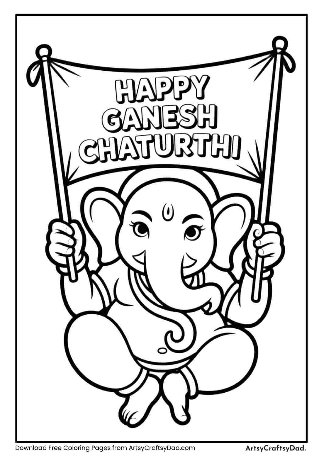 Ganesha with Happy Ganesh Chaturthi banner coloring page