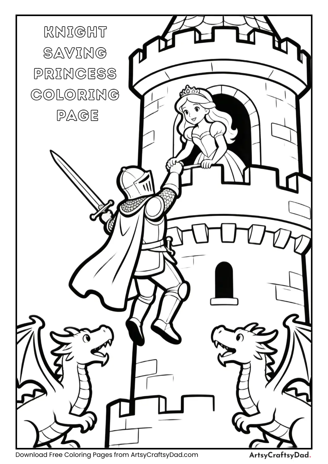 Knight saving princess from castle tower with dragons coloring page.