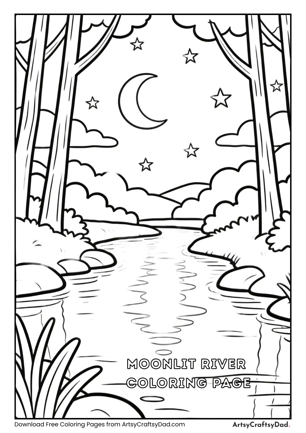 River reflecting moon at night coloring page