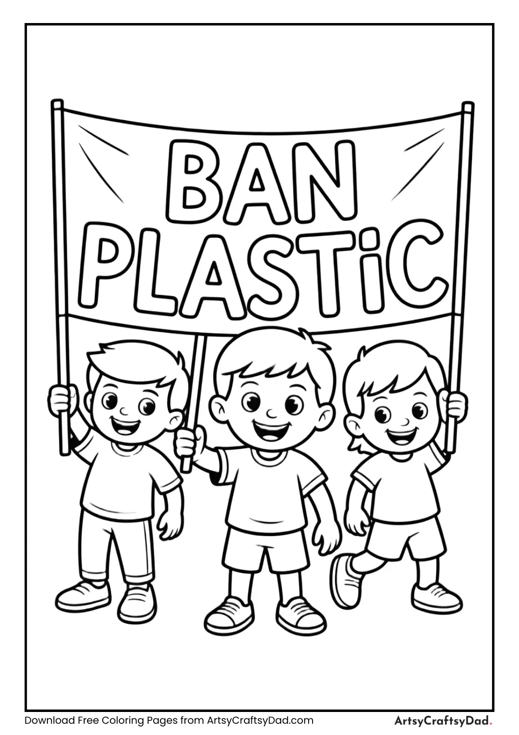 Kids holding ban plastic banners coloring page