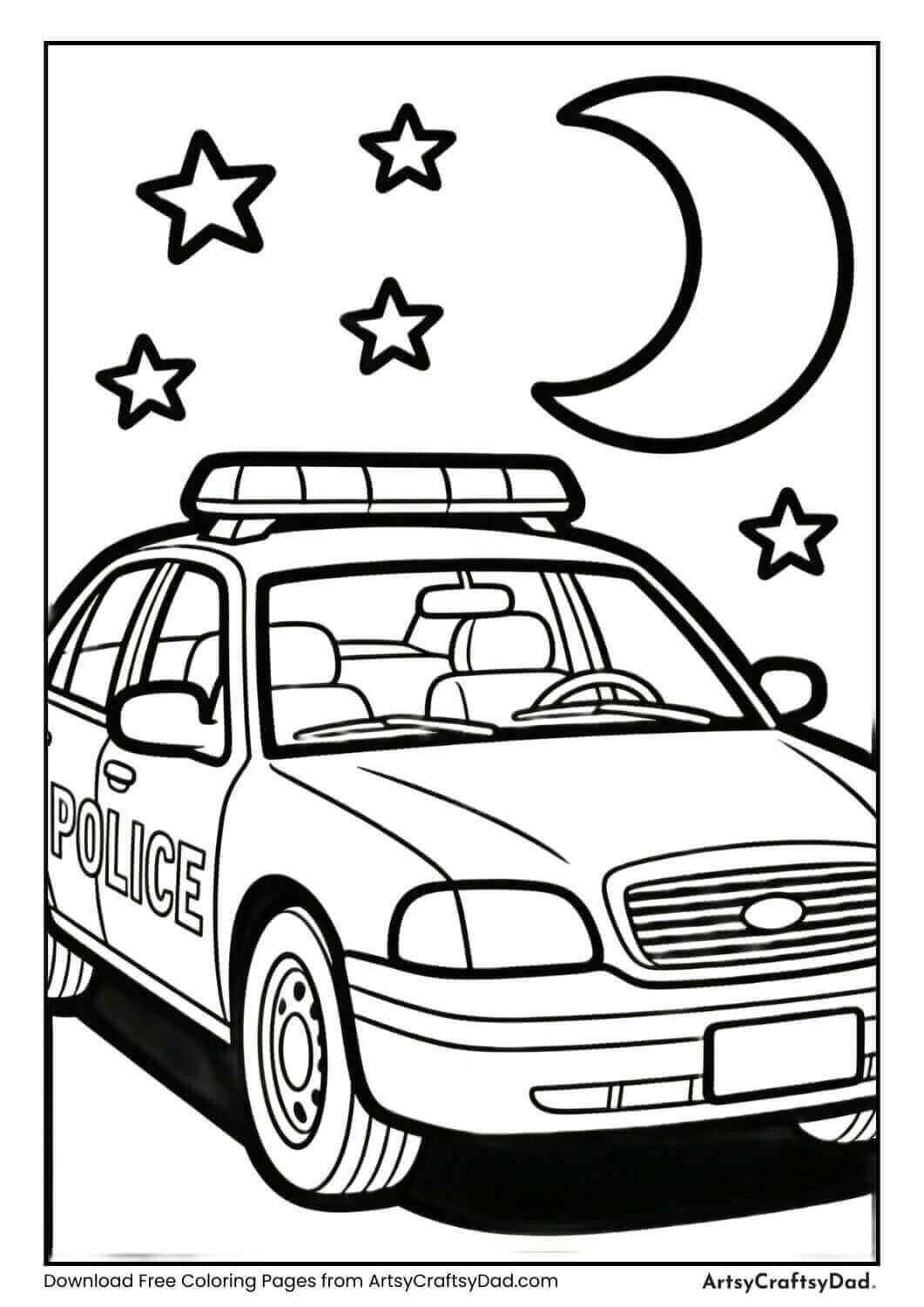 Police car at night coloring page