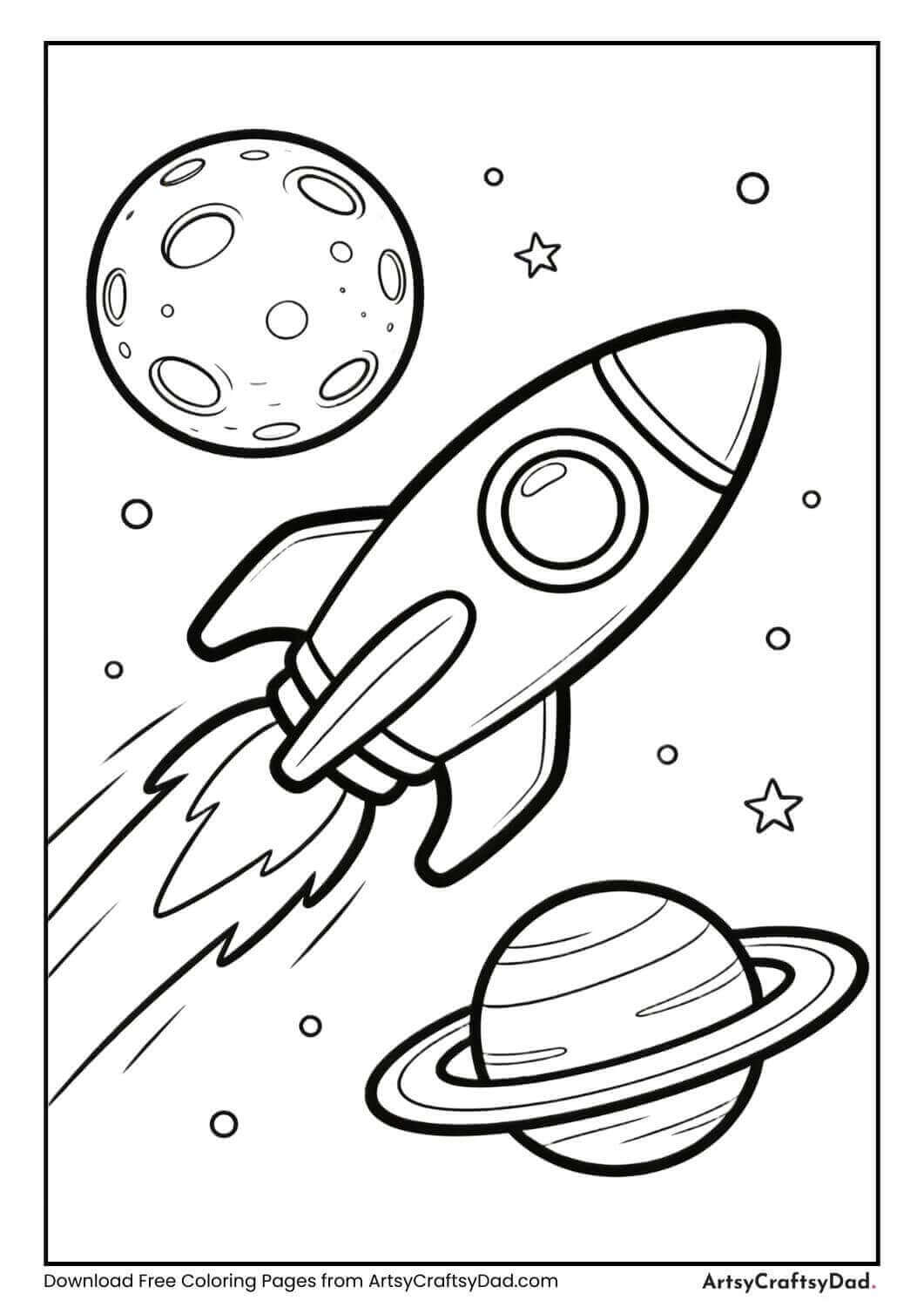 Rocket flying near ringed planet coloring page