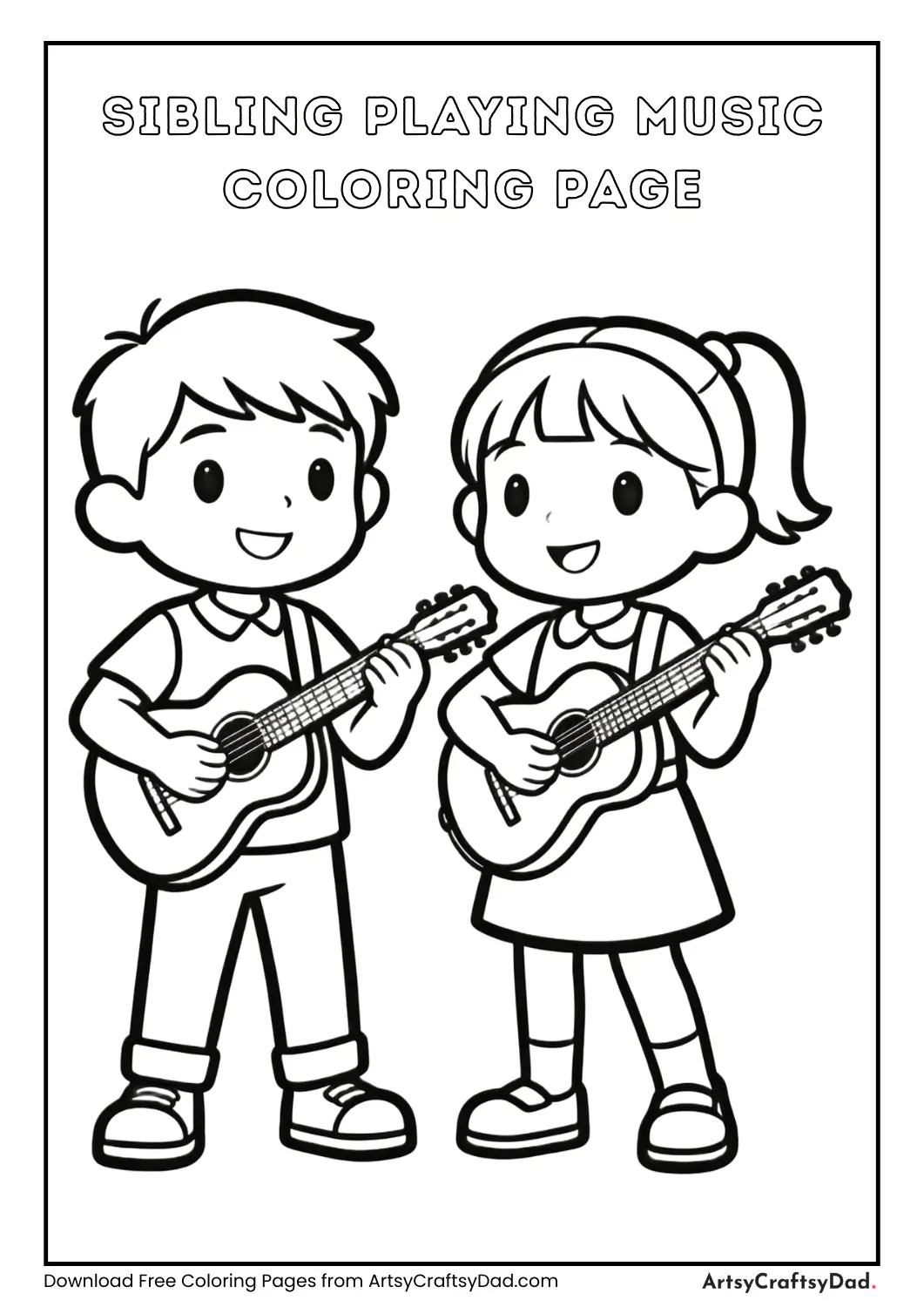 Brother and sister playing musical instruments coloring page