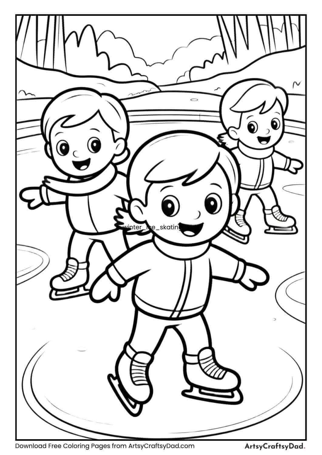 Children ice skating on a frozen pond.