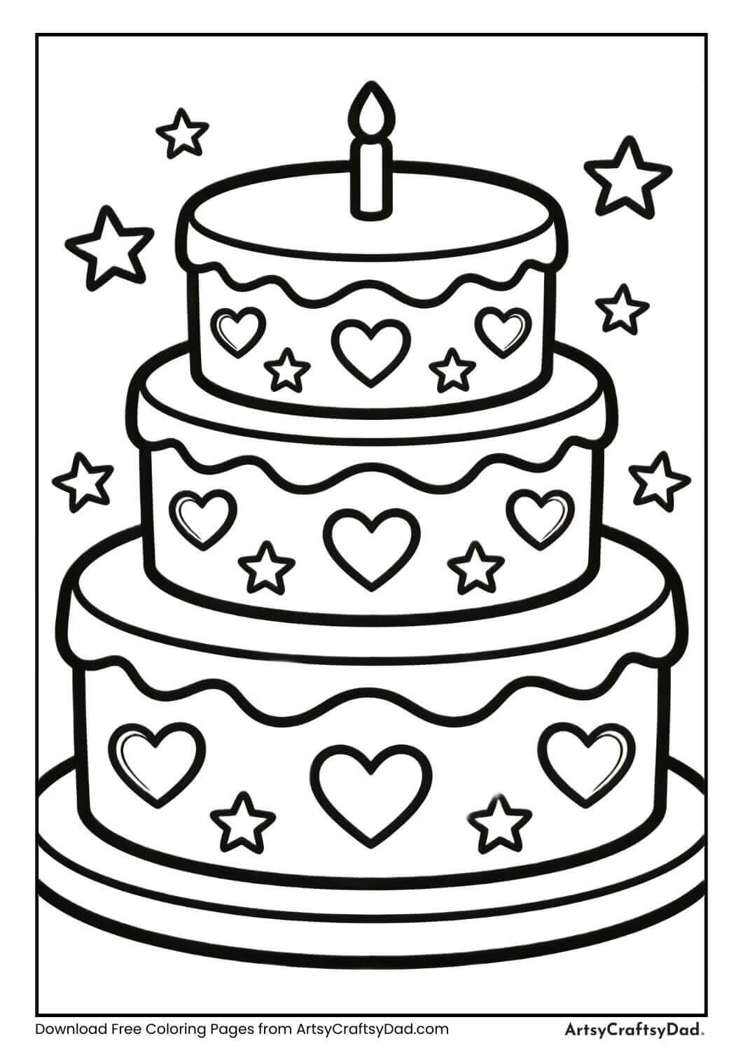 Birthday cake with hearts and stars coloring page