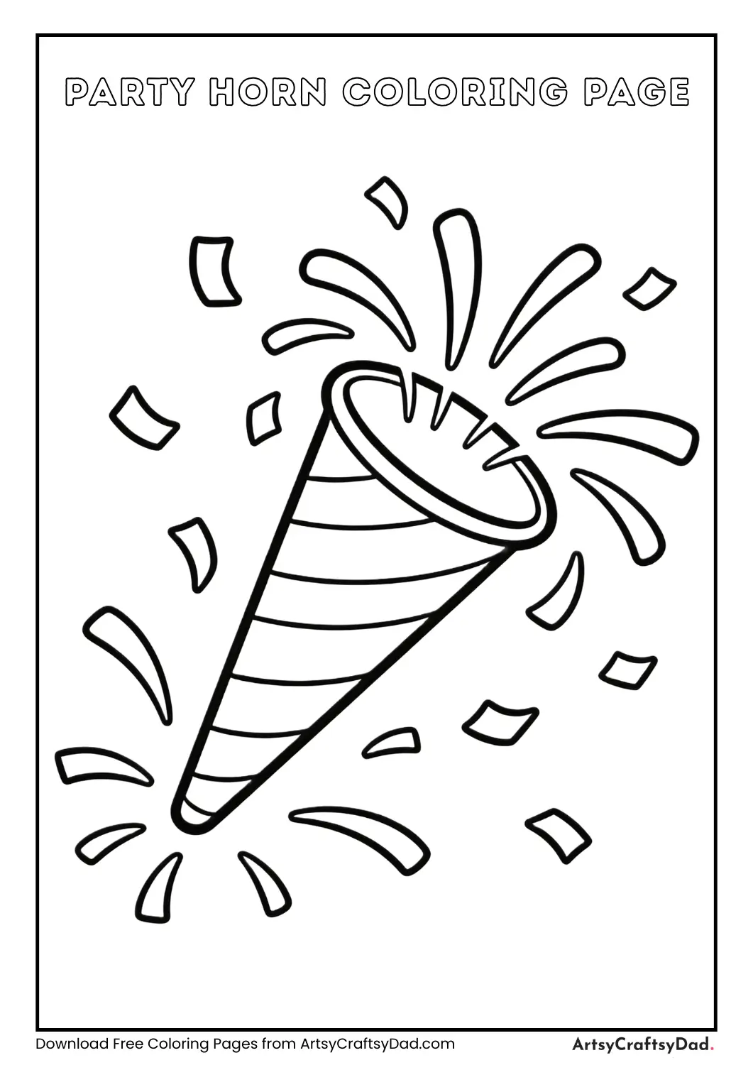 Party horn and confetti birthday coloring page