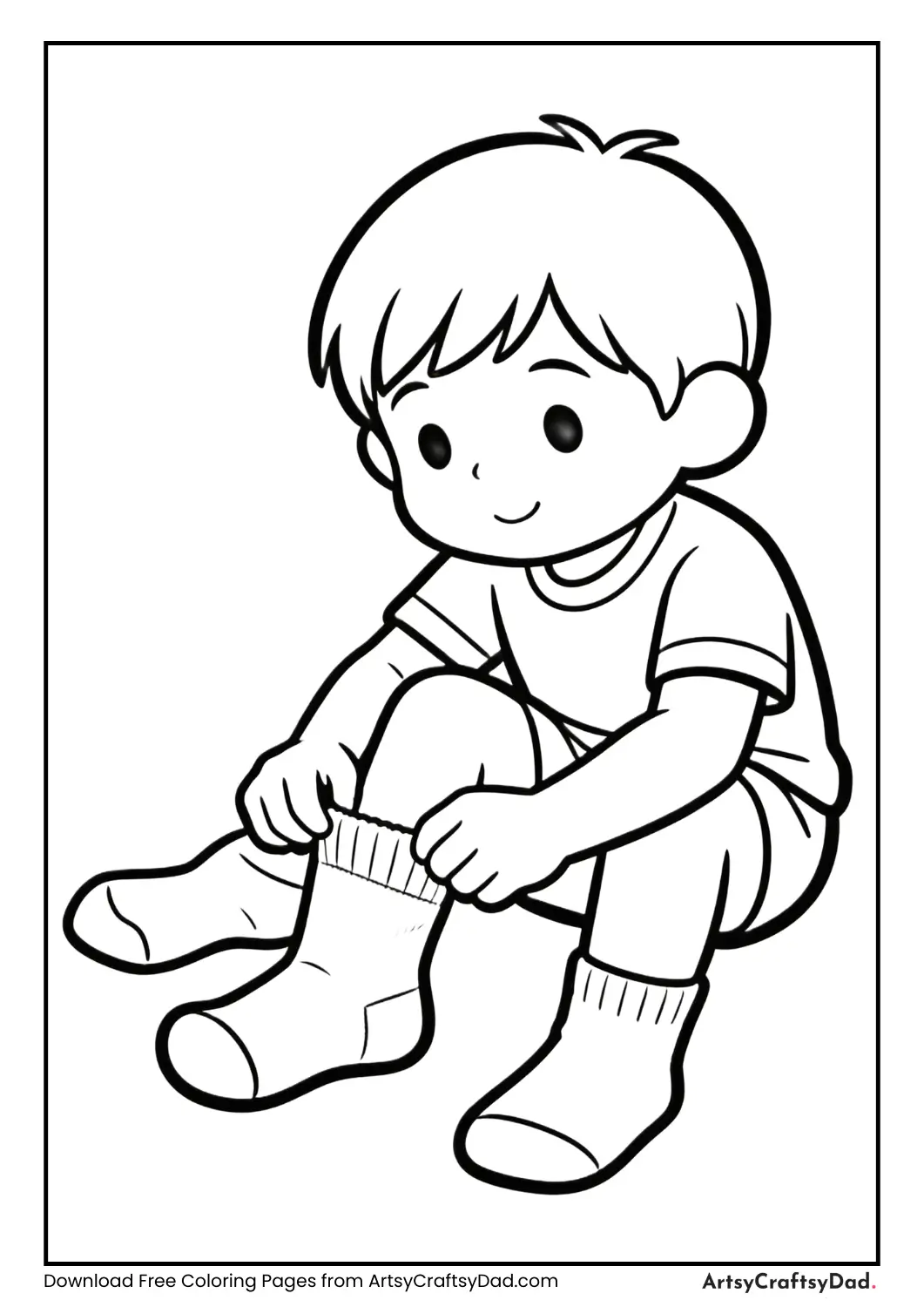 Child wearing clean socks hygiene coloring page