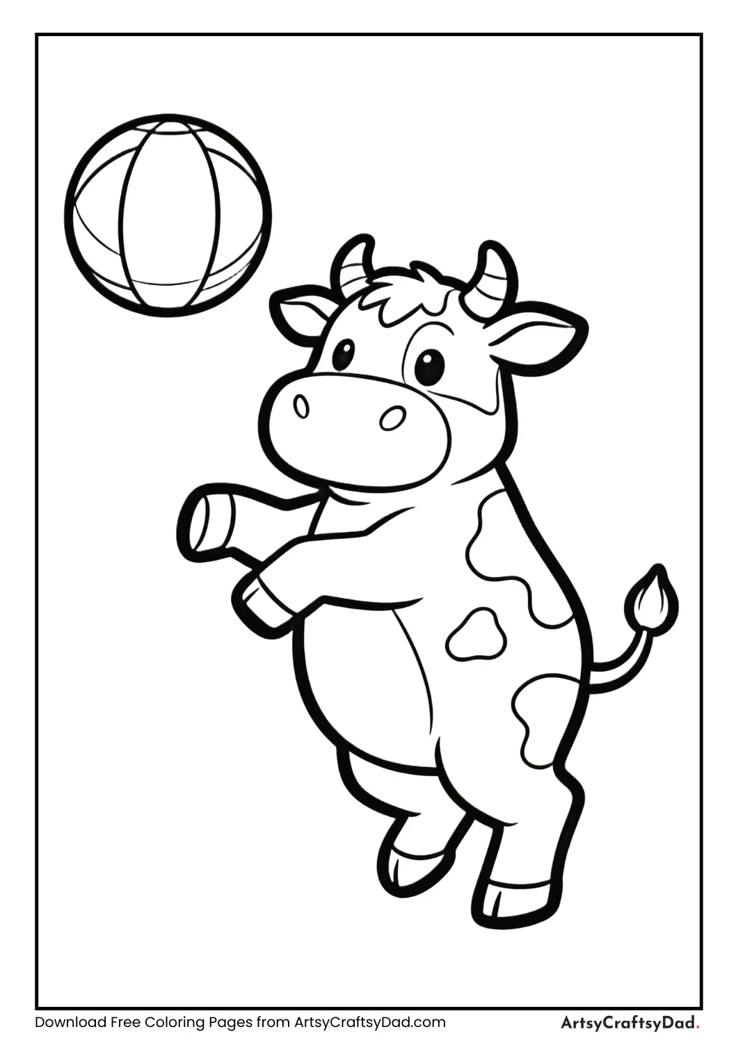 Cow playing with ball black and white coloring page