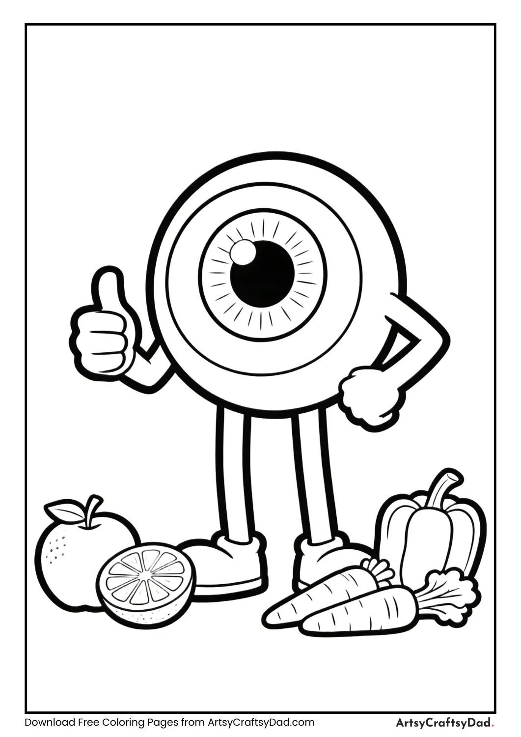 Cartoon eye giving thumbs-up next to healthy food