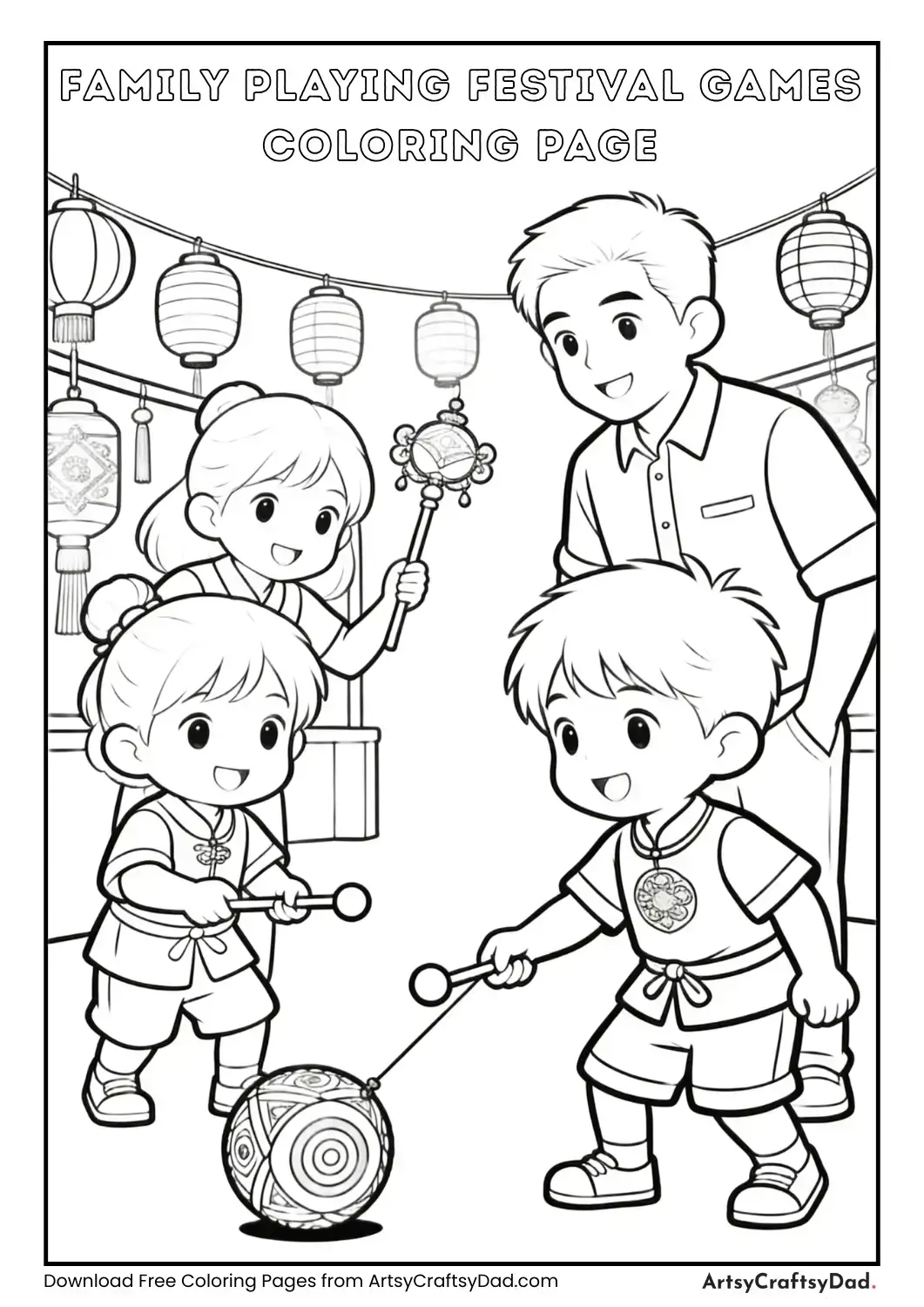 Children playing traditional festival games with family coloring page