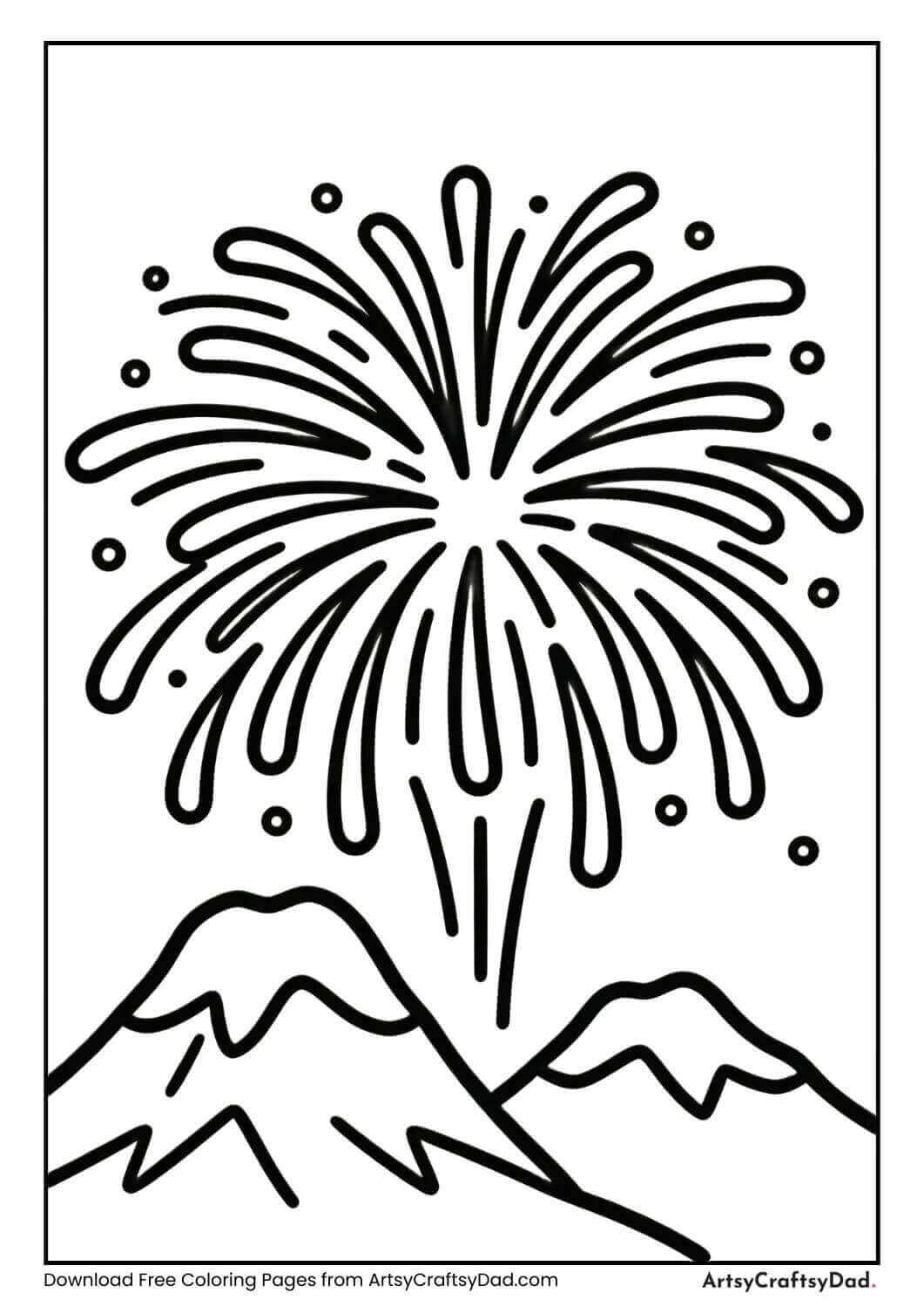 Fireworks over mountains black and white coloring page