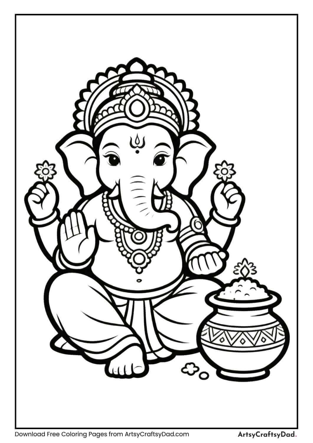 Ganesha near kalash coloring page