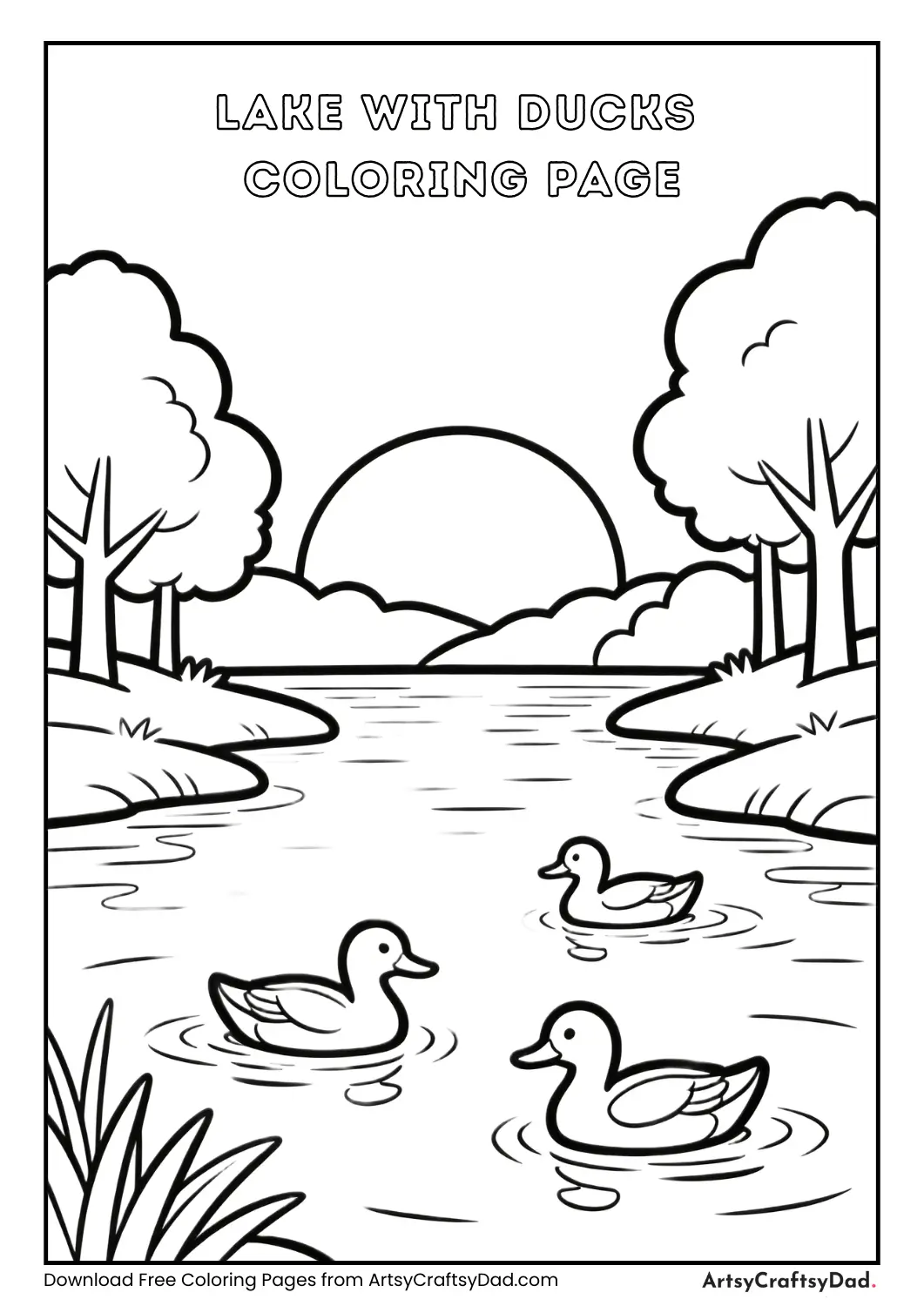 Ducks on lake at sunrise or sunset coloring page