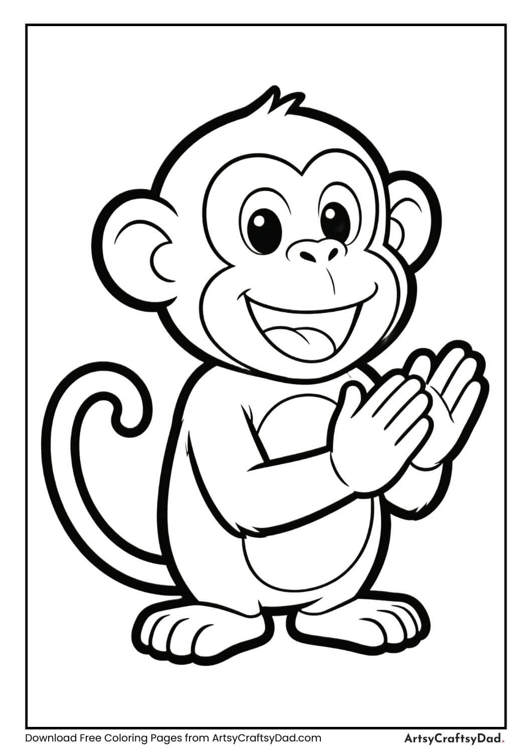 Monkey clapping hands black and white coloring page