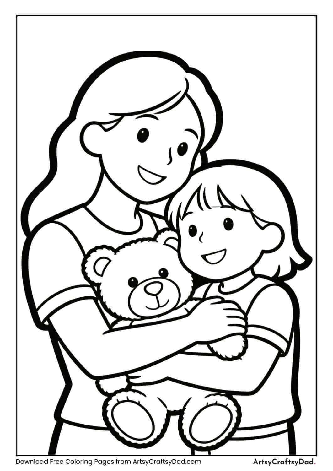 Mother and child hugging a teddy bear together