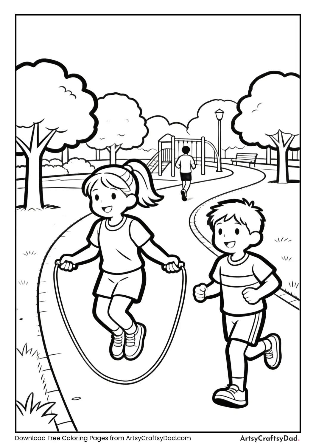 Park with jogging path and children skipping rope.