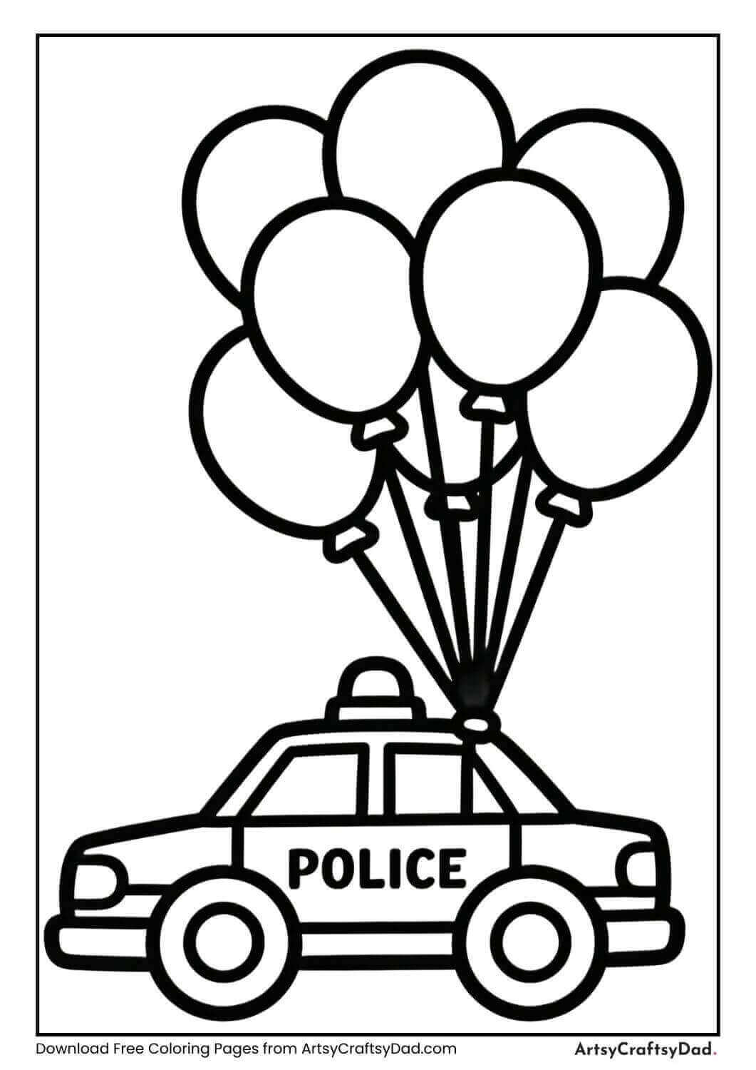 Police car with balloons coloring page