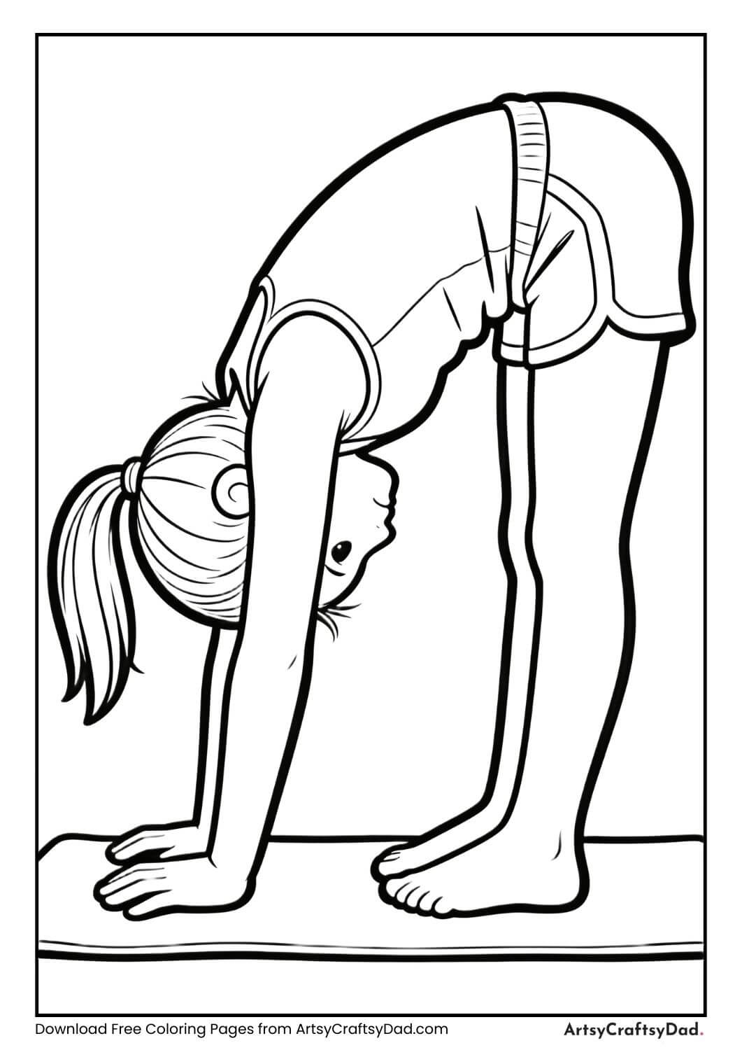 Child doing standing forward bend yoga coloring page