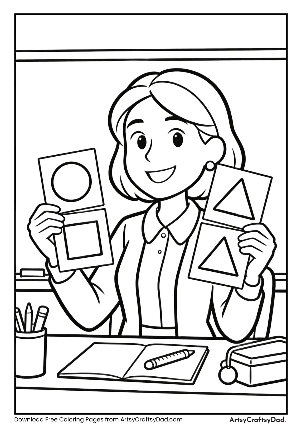 Teacher teaching shapes using objects coloring page