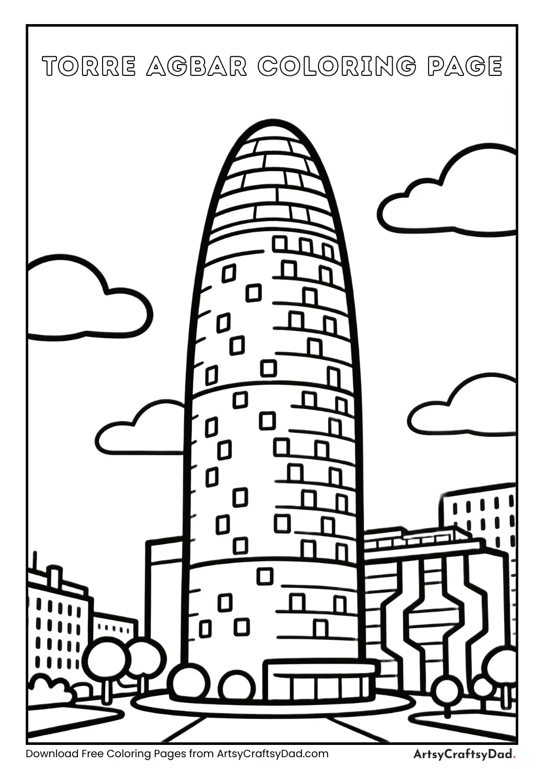 Torre Agbar Barcelona black and white coloring page for kids
