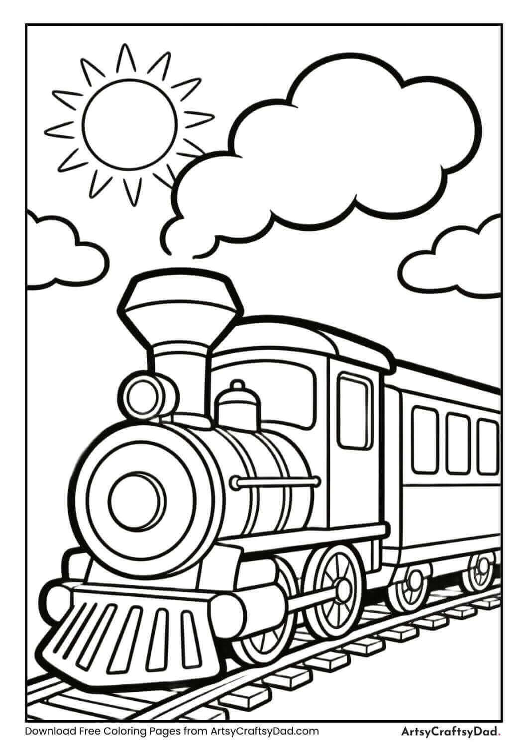Cartoon train with sun and clouds coloring page