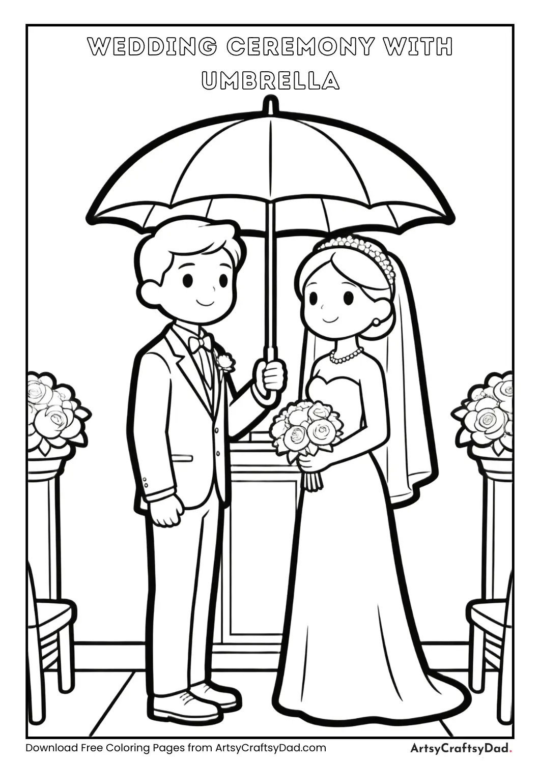 Bride and groom under umbrella wedding coloring page