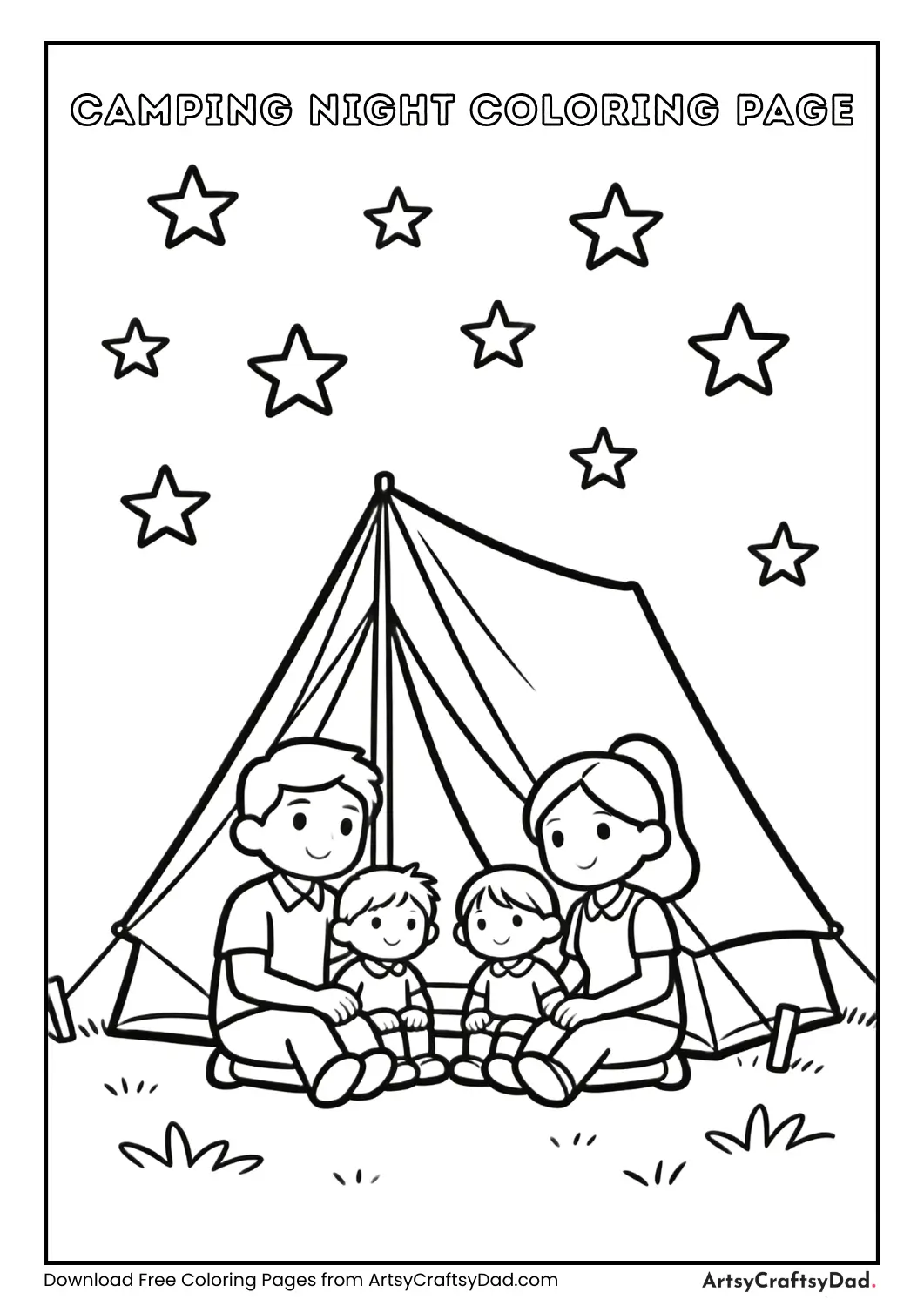 Tent camping under stars coloring page