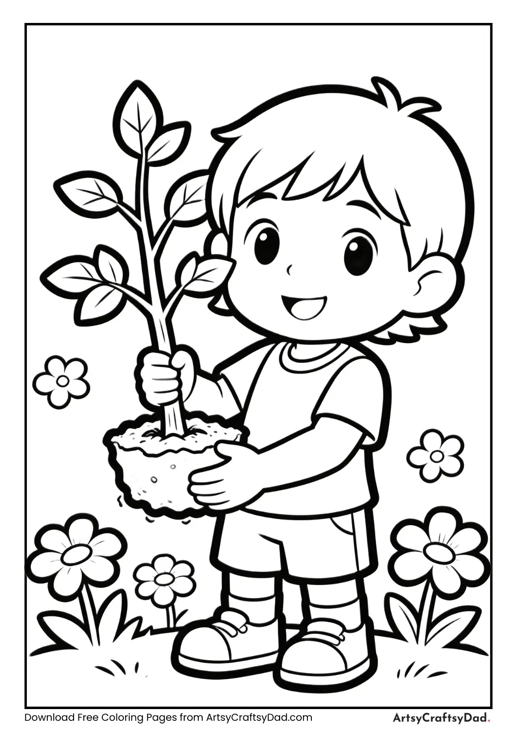 Child holding a tiny tree ready to plant with flowers around