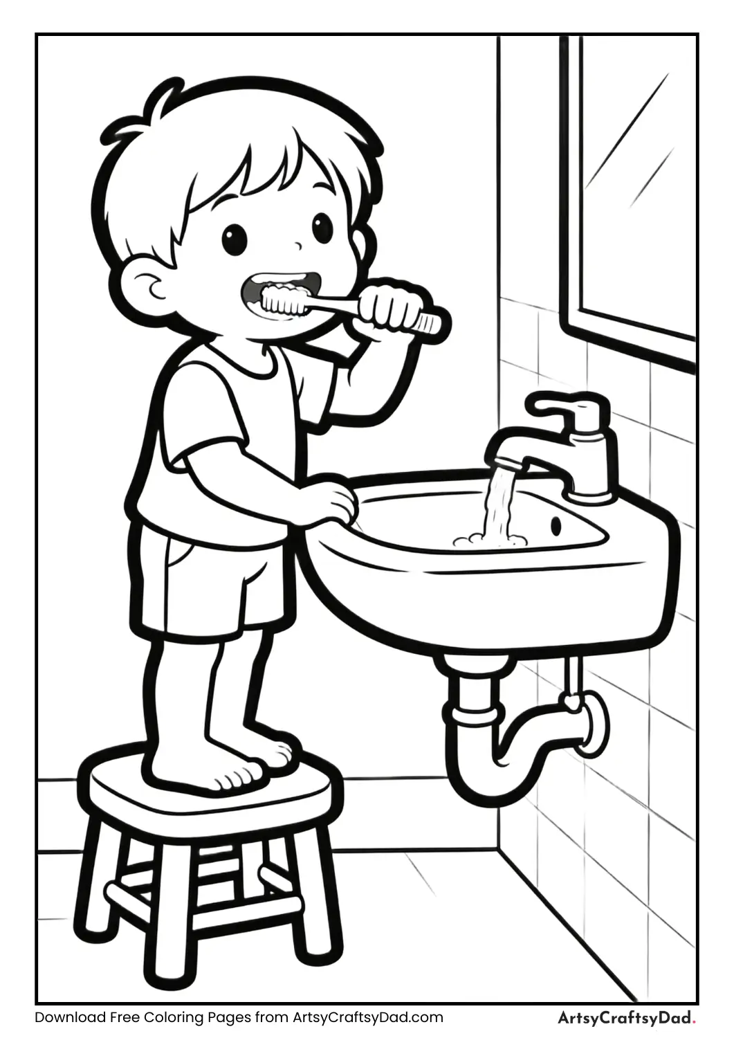 Child standing on a stool to brush teeth at sink, black and white coloring page.