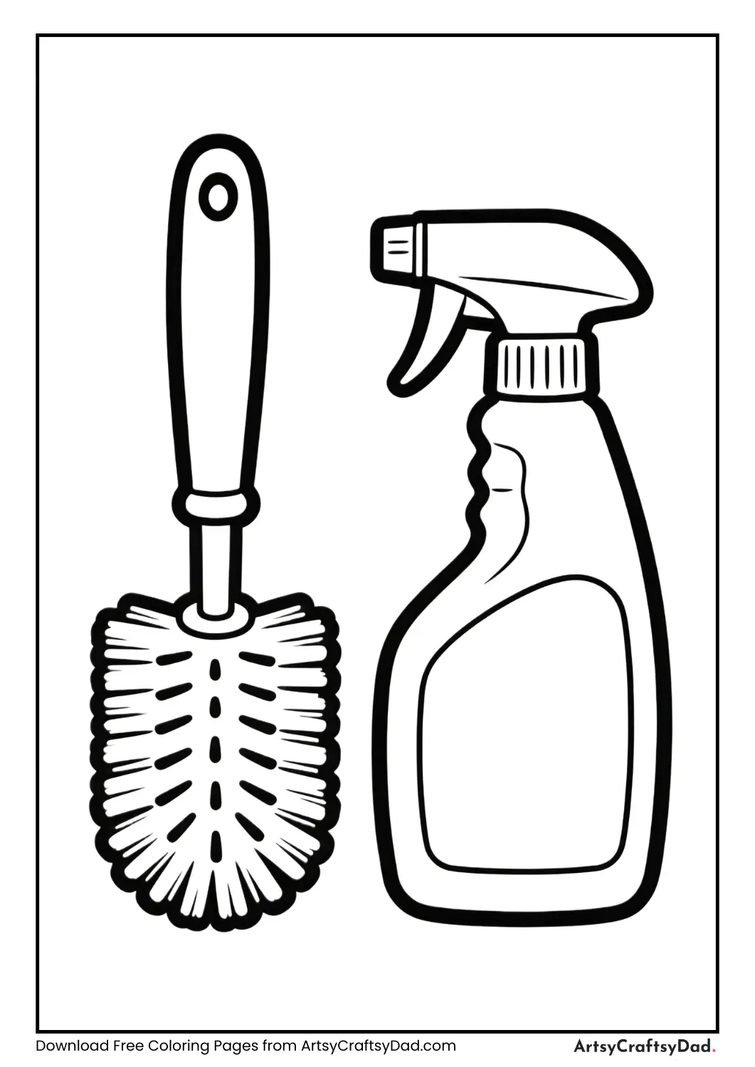 Black and white bathroom cleaning items coloring page
