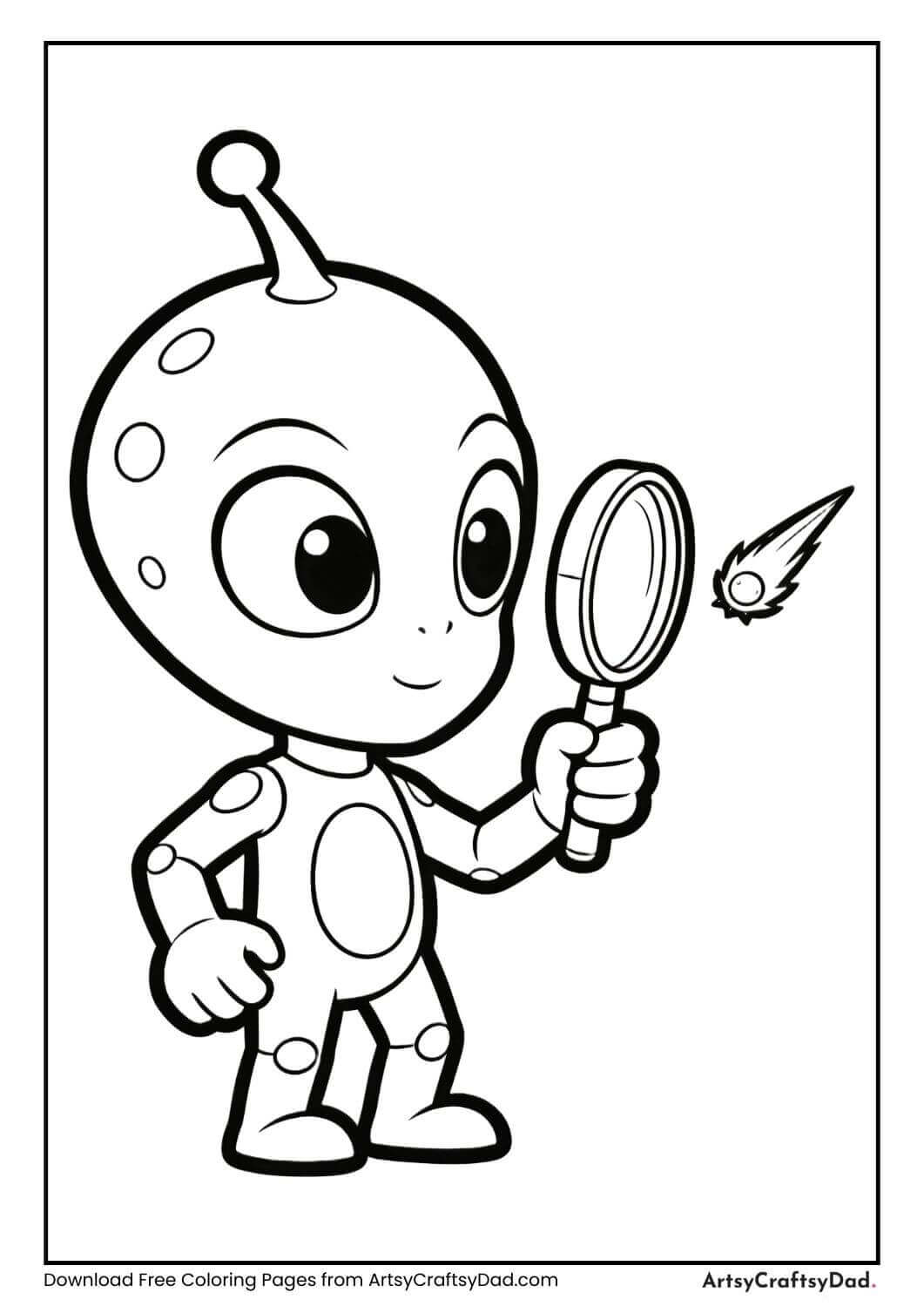 Alien examining a comet with a magnifying glass